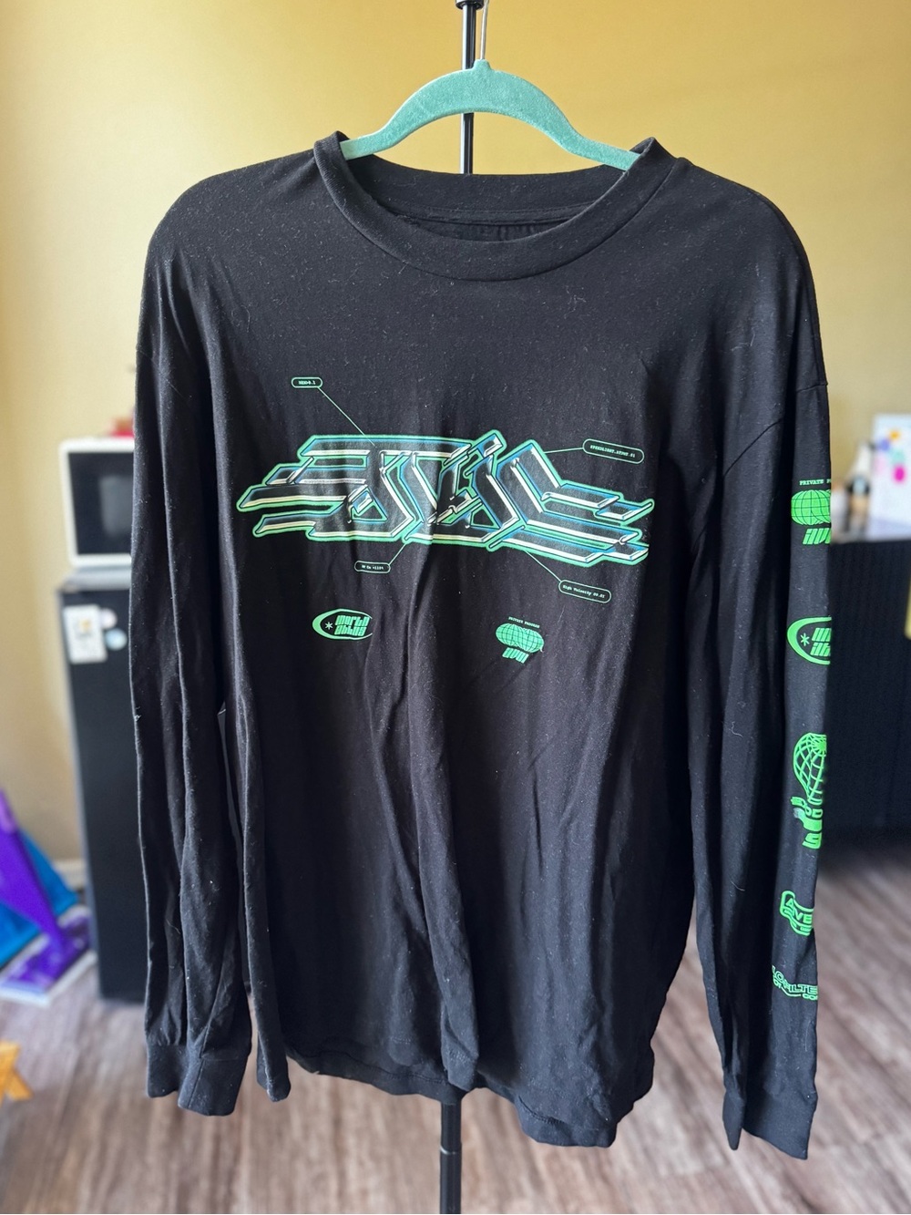 Primark Black Long Sleeve Tee with Neon Green Graphic